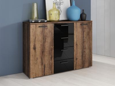 Commode GALACTIC 2 deuren 4 lades hoogglans zwart/monastery eik