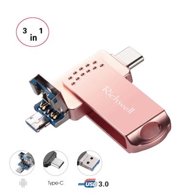 Richwell 3 in 1 128G type-C + Micro USB + USB 3 0 Metal Flash Disk met OTG functie (Rose goud)