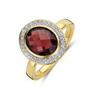 Stijlvolle 14k Geelgouden Ring met Granaat en Diamant Stijlvolle 14k Geelgouden Ring met Granaat en Diamant