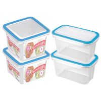 4x Voorraad/vershoudbakjes 1,2 en 2 liter transparant/blauw