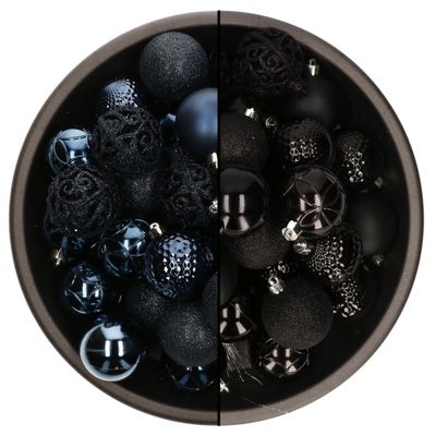 74x stuks kunststof kerstballen mix zwart en donkerblauw 6 cm