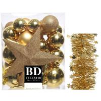 Kerstversiering kerstballen 5-6-8 cm met ster piek en sterren slingers pakket goud van 35x stuks - Kerstbal - thumbnail