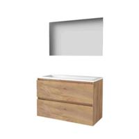 Basic-Line Ultimate 46 Badkamermeubelset - 100 x 46 cm - Greeploos - 2 Lades - Acryl Wastafel - 1 Kraangat - Spiegel met Indirecte LED Verlichting - Whisky Oak