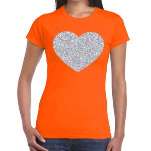 Zilveren hart glitter t-shirt oranje dames