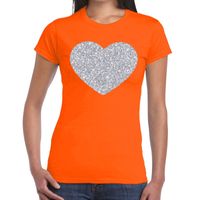 Zilveren hart glitter t-shirt oranje dames