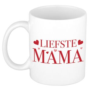 Liefste mama kado mok / beker met rode tekst en hartjes voor Moederdag / verjaardag