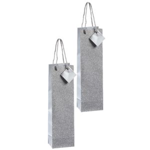 Set van 2x stuks luxe papieren wijn/drank giftbags/cadeau tasjes zilver met glitters 10 x 35 x 8 cm   -