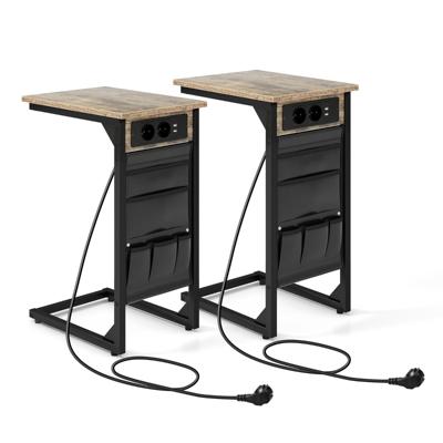 Set van 2 C-Vormige Bijzettafels Oplaadtafel Opbergvakken Aan de Zijkant Industriële Stijl 2 Stopcontacten en 2 USB-Poorten Bruin