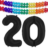 Leeftijd folie ballonnen - Leeftijd cijfer 20 - zwart - 86 cm - en 2x feestslingers gekleurd