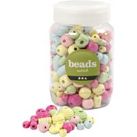 Creativ Company Houten kralen, d 10-15 mm, gatgrootte 3-5 mm, lichtblauw, lichtgroen, lichtrood, lichtgeel, 400 ml/ 1 emmer