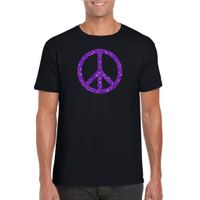 Zwart Flower Power t-shirt paarse glitter peace teken heren