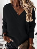 Casual Loose V Neck Plain Sweatshirt - thumbnail