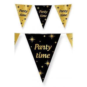 Vlaggenlijn Party Time - zwart/goud - 10 m - plastic -Leeftijd verjaardag feest versiering