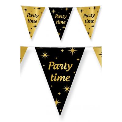 Vlaggenlijn Party Time - zwart/goud - 10 m - plastic -Leeftijd verjaardag feest versiering