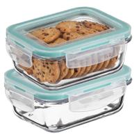5Five Vershoudbakje met deksel - 2x - glas - luchtdicht - met clips - 18 x 12 x 6 cm - 800 ml