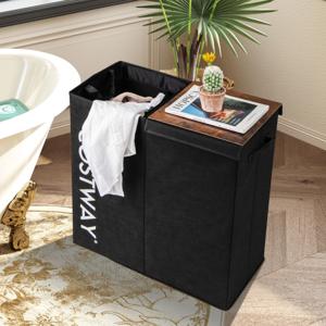 105 L Wasmand met Deksel 2 Vakken Wasbox met Handgrepen Wasmand met 2 Uitneembare Waszakken 62 x 31 x 60 cm Zwart