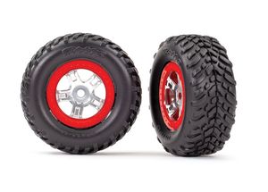 Tires and wheels, assembled, glued (sct satin chrome wheels, red beadlock style, sct off-road racing tires, foam inserts) (1 each, right & left)