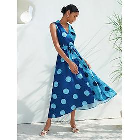 Dames Midi-jurk Halflange jurk blauw Mouwloos Kleurenblok Polkadot Opdrukken Met riem Lente zomer V-hals Patroon jurk S M L