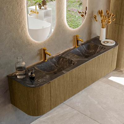 Badmeubel Mondiaz Kurve-Dlux | 180 cm cm | Meubelkleur Dusk | Wastafelkleur Lava | Solid surface | Wasbak beiden zijden spoelbak | 2 kraangaten