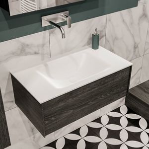Mondiaz Lush Cloud badmeubel eiken donker bruin 80 cm 1 lade solid surface enkele spoelbak midden zonder kraangat