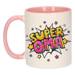 Super oma cadeau mok / beker wit en roze met sterren 300 ml     -