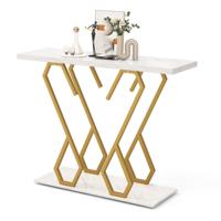 Consoletafel van Kunstmarmer Foyertafel met Verstelbare Voetkussens Anti-Kantelsets Bijzettafel voor Woonkamer Wit en Goud