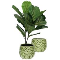 Plantenpot/bloempot Pebblo - 2x - keramiek/geglazuurd?- groen - druppels - D15 x H13 cm