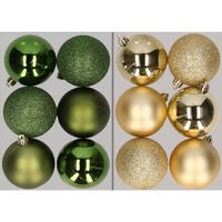 12x stuks kunststof kerstballen mix van appelgroen en goud 8 cm   -
