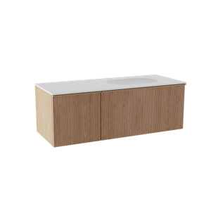 Balmani Forma zwevend badmeubel 135 x 55 cm naturel eiken met Tablo Oval asymmetrisch rechtse wastafel in solid surface mat wit, Verticale symmetrische rechte ribbel