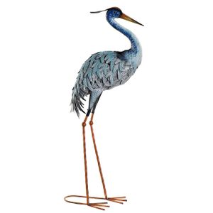 Items Tuin decoratie dieren/vogel beeld - Metaal - Reiger staand - 33 x 85 cm - buiten - blauw   -