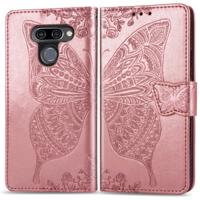 Butterfly Love bloemen reliëf horizontale Flip lederen case voor LG K50 met houder & kaartsleuven & portemonnee & Lanyard (Rose goud)