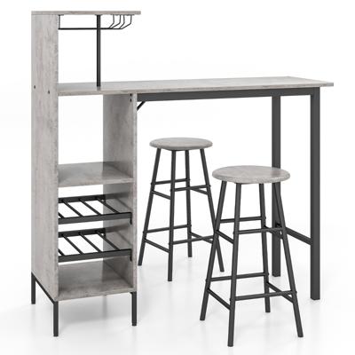 Bartafel met 2 Krukken Pubtafel en Kruk met Wijnrek voor 6 Flessen Eettafel en Stoelen Bistrotafel voor Woonkamer/Keuken Grijs