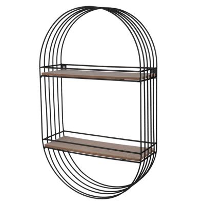 Wandplank/wandrek Industrial - metaal/hout - zwart - ovaal - 2 plankjes - 30 x 10 x 50 cm