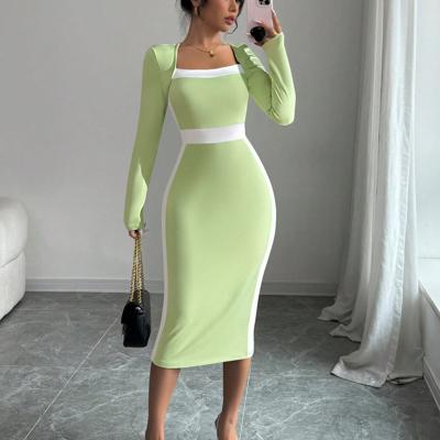 Bon&Bon Navy Blue Colorblock Bodycon Maxi Dress | Square Neck Long Sleeve Green / S