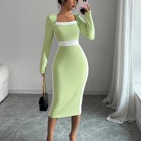 Bon&Bon Navy Blue Colorblock Bodycon Maxi Dress | Square Neck Long Sleeve Green / S