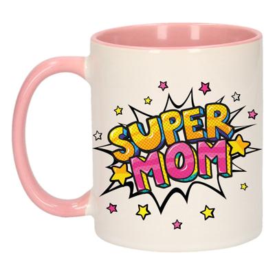 Super mom cadeau koffiemok - mama thema beker - wit en roze met sterren - 300 ml Super mom cadeau koffiemok - mama thema beker - wit en roze met sterren - 300 ml