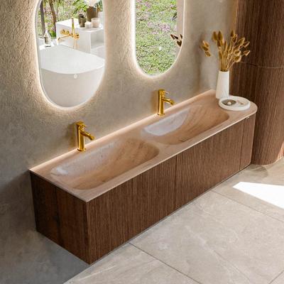 Badmeubel Mondiaz Kurve-Dlux | 165 cm | Meubelkleur Walnut | Wastafelkleur Saba | Solid surface | Dubbel / Links spoelbak | 2 kraangaten