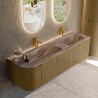 Badmeubel Mondiaz Kurve-Dlux | 155 cm | Meubelkleur Dusk | Wastafelkleur Oza | Solid surface | Dubbel / Rechts spoelbak | 2 kraangaten