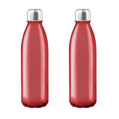 Glazen waterfles/drinkfles met RVS dop - 2x - rood transparant - 650 ml - Sportfles - Bidon