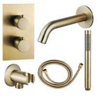 Fortifura Calvi Badkraan set - uitloop - 22cm inkortbaar - metalen slang - staafhanddouche - inbouwdeel - wandhouder - geborsteld messing SW720569/SW706206/SW721169/SW1122513/SW720570