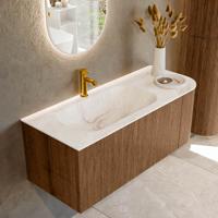 Mondiaz KURVE-DLUX 115 cm Onderkast Greeploos 1 Lade Met Deuren Walnut, Wastafel Solid Surface Links Frappe 1 Kraangat Zonder Spiegel (KRVBGS115R1L1D1KL-Wal/Fra)
