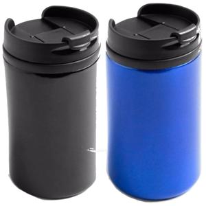 Set van 2x stuks Warmhoudbekers/warm houd bekers metallic zwart en blauw 300 ml