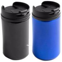 Set van 2x stuks Warmhoudbekers/warm houd bekers metallic zwart en blauw 300 ml - thumbnail