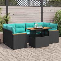 7-delige Loungeset met kussens poly rattan zwart