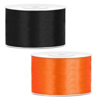 Sierlinten/cadeaulinten/satijnen linten - Set 2x stuks - zwart en oranje - 38 mm x 25 meter