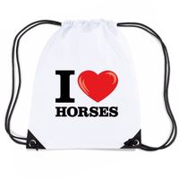 Nylon I love horses/ paarden rugzak wit met rijgkoord - thumbnail