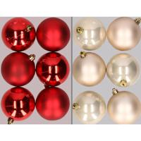 12x stuks kunststof kerstballen mix van rood en champagne 8 cm - Kerstbal - thumbnail