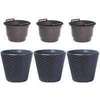 Set van 3x kunststof Rato rotan bloempotten/plantenpotten antraciet 19 liter met binnenpot 11 liter