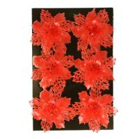 Kerstboom bloemen op clip - 6x stuks - rood - kunststof - kerstornamenten