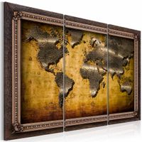 Schilderij - Wereldkaart - Ingelijst,  3luik , bruin , wanddecoratie , premium print op canvas